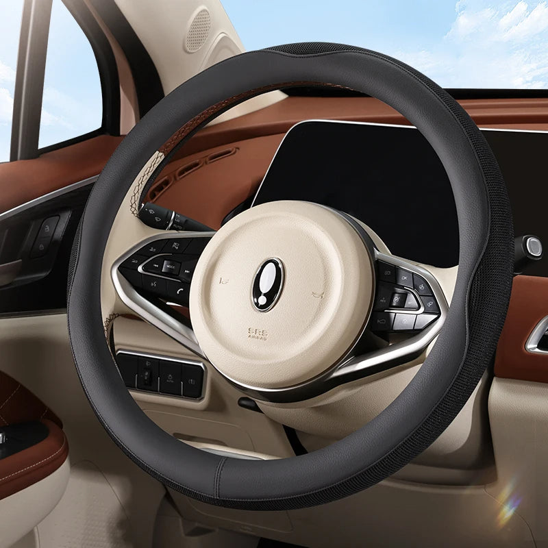 PU Leather & Mesh Car Steering Wheel Cover – Breathable, All-Season Comfort - Delicate Leather  