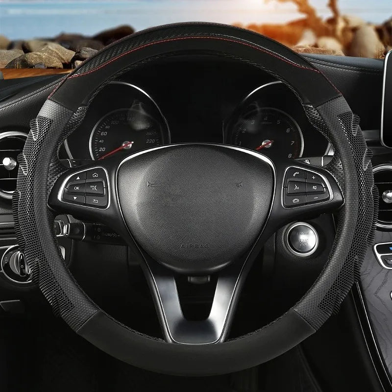 Carbon Fiber Leather Steering Wheel Cover – Silicone Honeycomb Grip, Universal Fit 37–38 cm - Delicate Leather  