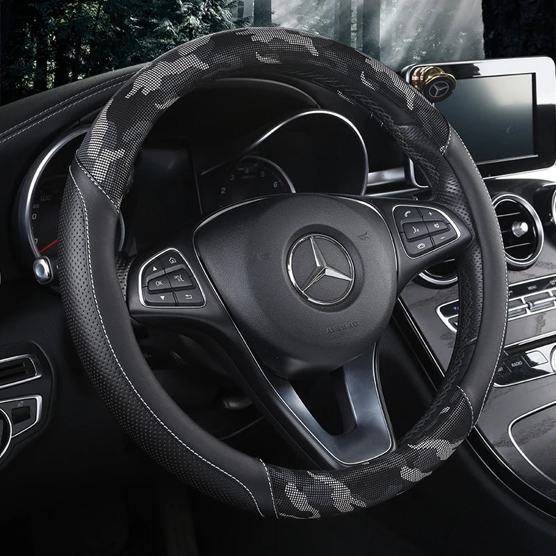 3D Camouflage Print Steering Wheel Cover – Durable Leather Grip with Anti-Slip Lining | Universal Fit 14.5"-14.8" - Delicate Leather  
