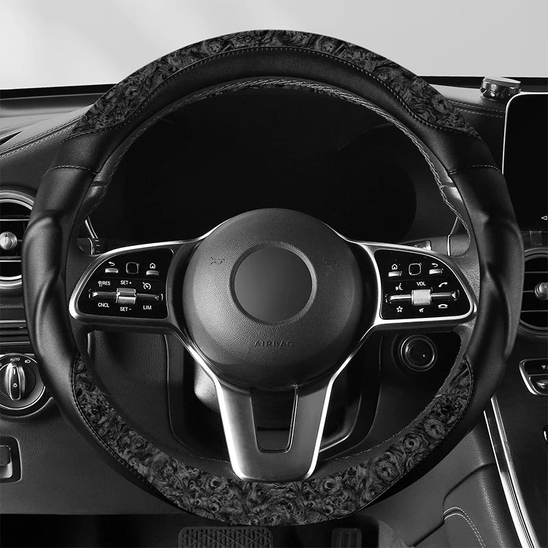 Wood Grain Leather Steering Wheel Cover – Anti-Slip, Universal Fit 14.5–15 Inch, Comfortable All-Season Grip - Delicate Leather  
