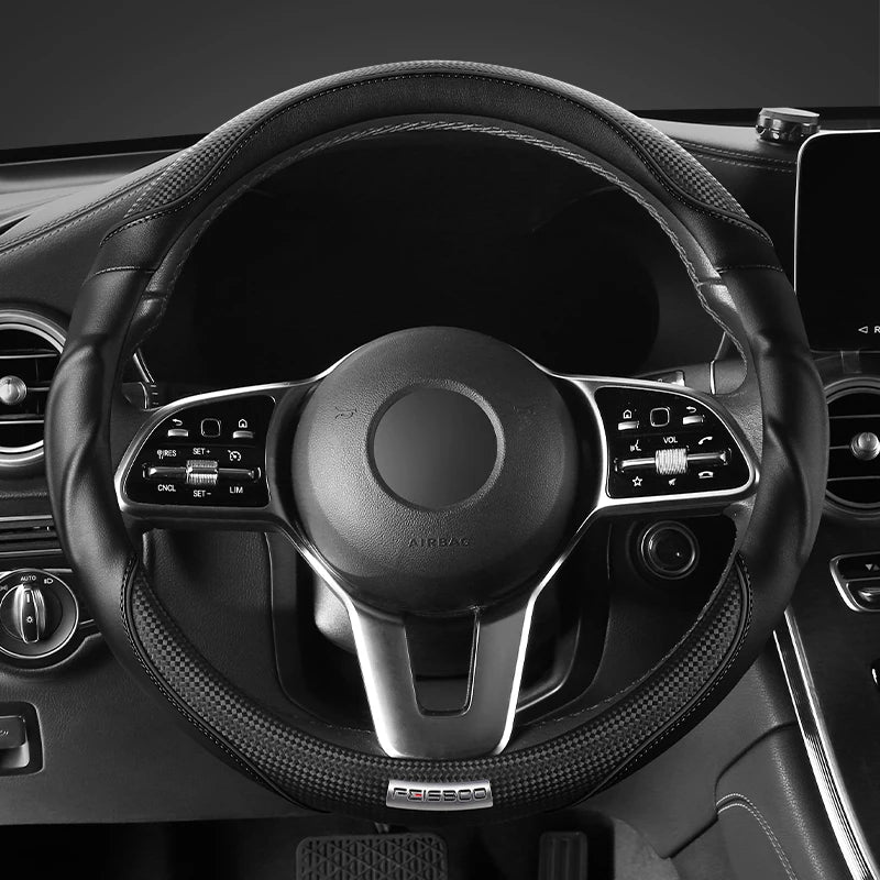 Premium 3D Sport Car Steering Wheel Cover, Anti-Slip, Shock-Absorbing, Ergonomic Grip, Dynamic Contour, Fits 14.5–15" - Delicate Leather  