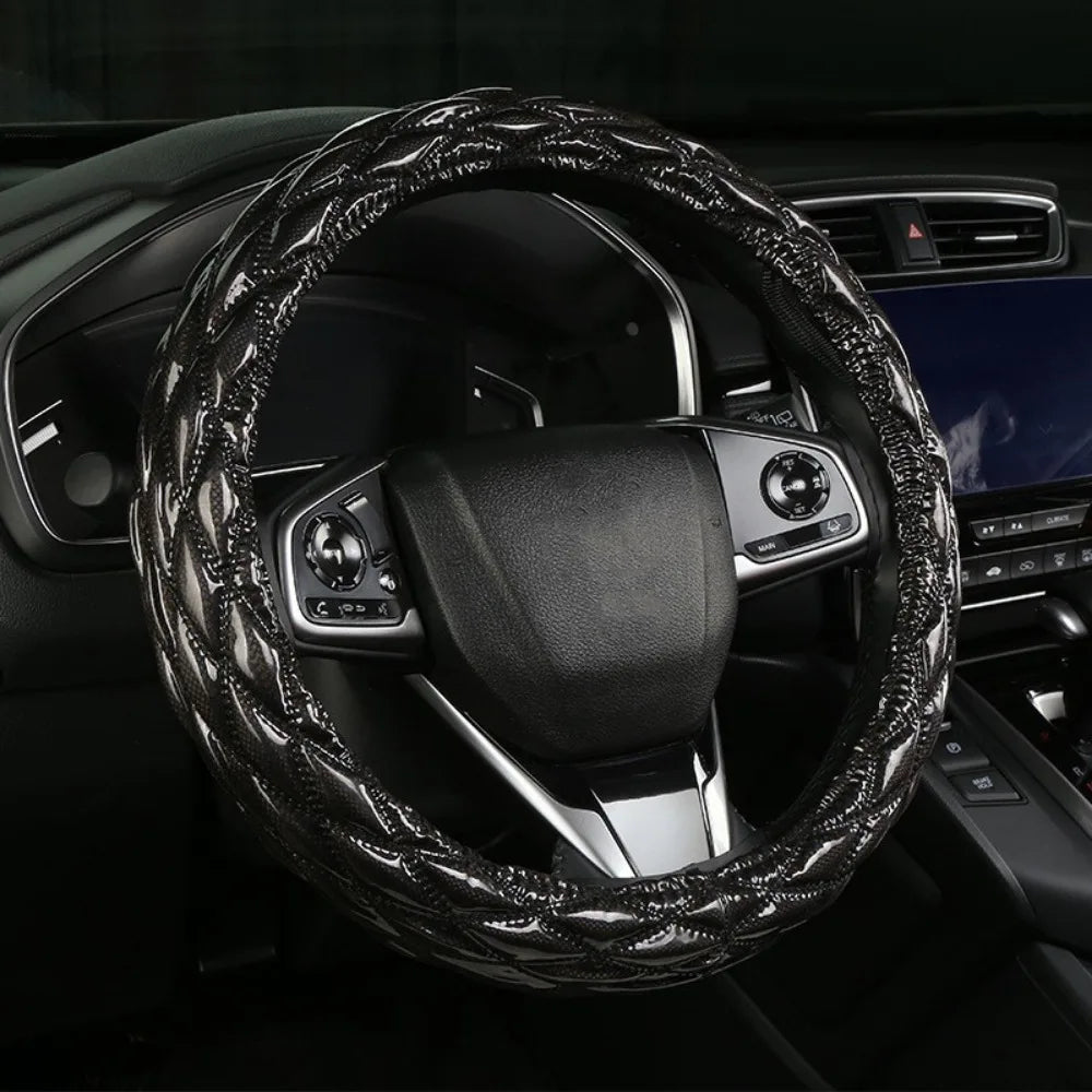 Universal 38cm Steering Wheel Cover – Anti-Slip 3D Rhombus PU Leather Wheel Protector, All-Season Car Interior Accessory - Delicate Leather  