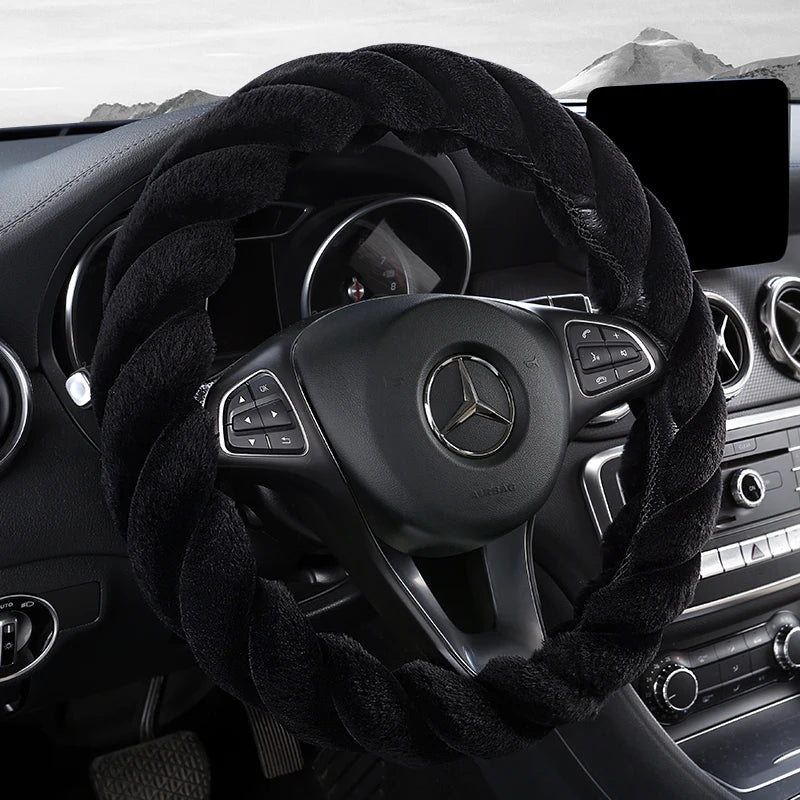 Plush Winter Steering Wheel Cover Universal – Cute Decorative Non-Slip Handle Cover for Car Interior - Delicate Leather  