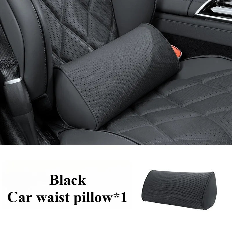 Memory Cotton Car Headrest & Lumbar Pillow Set – Leather Neck and Waist Support for Comfortable Driving - Delicate Leather  