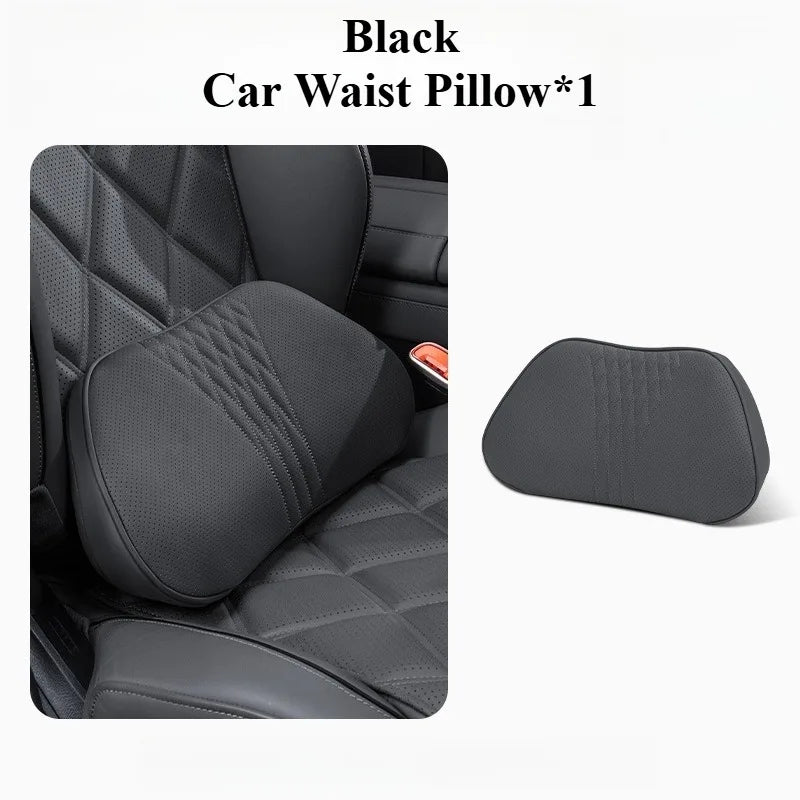 Soft Memory Foam Car Neck & Lumbar Pillow Set – Leather Headrest for Comfortable Driving - Delicate Leather  
