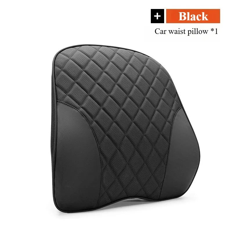 Comfort Nappa Leather Car Headrest & Lumbar Support Set – Soft Memory Foam Neck Pillow & Waist Cushion for Car Seats and Office Chairs - Delicate Leather  