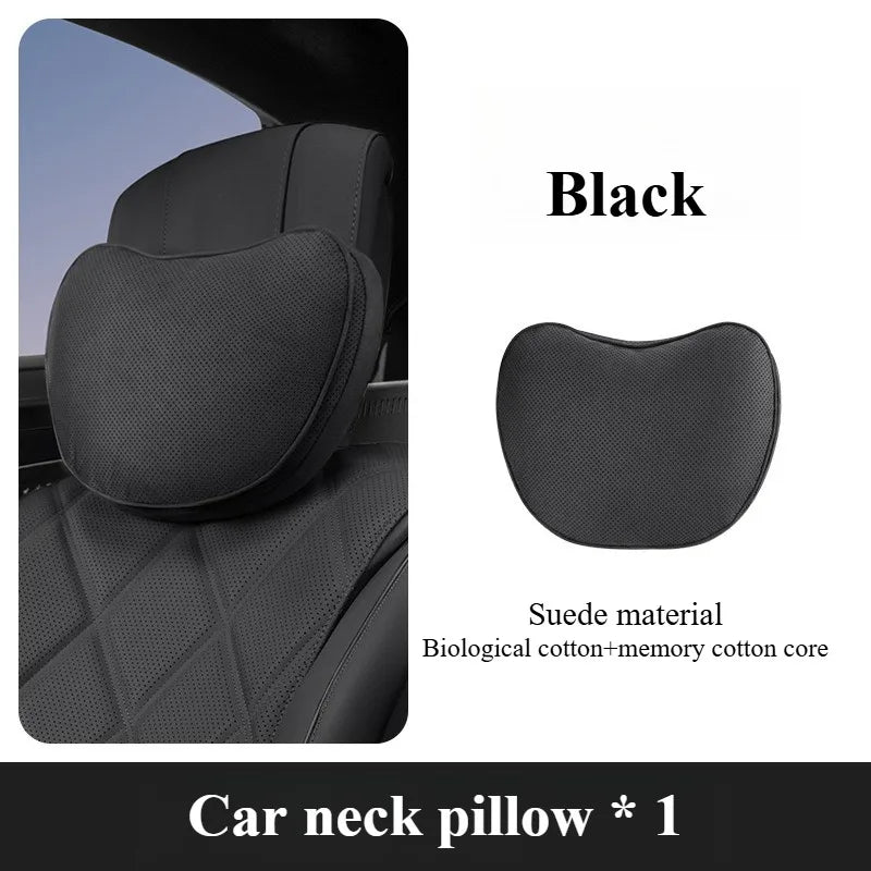 Suede Car Neck and Lumbar Support Set – Universal Ergonomic Headrest & Waist Pillow for Auto Seats - Delicate Leather  