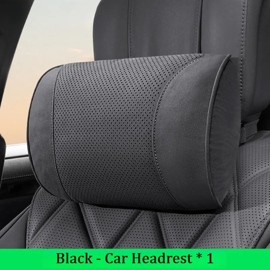 Suede Car Neck Pillow & Lumbar Cushion Set – Universal Fit Soft Headrest and Waist Support for Comfortable Driving - Delicate Leather