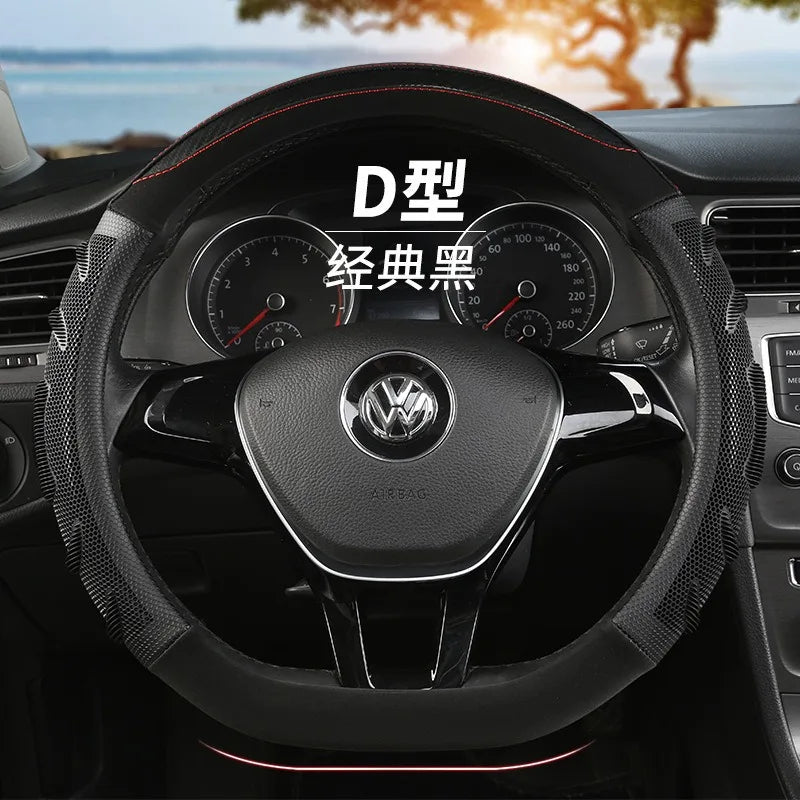 Carbon Fiber Leather Steering Wheel Cover – Silicone Honeycomb Grip, Universal Fit 37–38 cm - Delicate Leather  