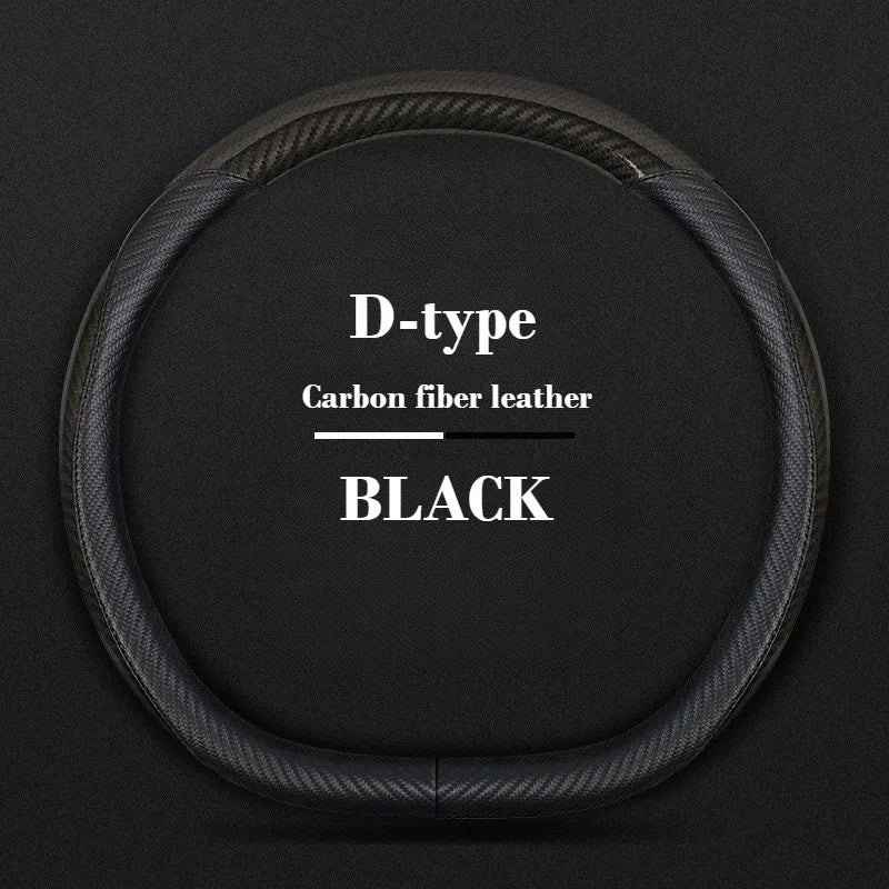 Universal Leather Steering Wheel Cover with Carbon Fiber Style – Non-Slip O/D Type, 14.5–15 Inch - Delicate Leather  