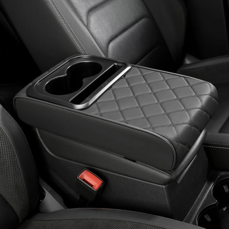 PU Leather Car Center Console Armrest Cushion – Height Pad with Cup Holder and Storage Slots - Delicate Leather  