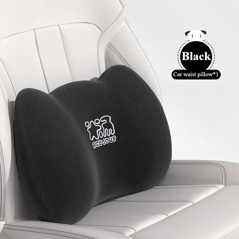 Plush Car Neck Pillow and Waist Pillow Set - Cute Pink Auto Headrest and Lumbar Support - Kawaii Car Seat Pillow for Comfort and Relaxation - Delicate Leather  