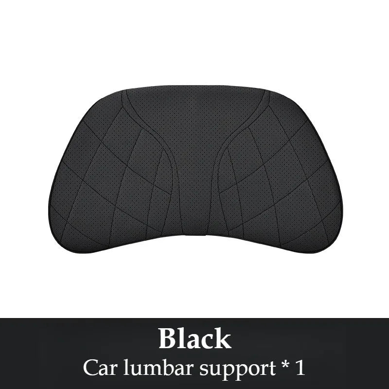 Memory Foam Car Neck & Lumbar Pillow Set – Nappa Leather Headrest and Waist Support - Delicate Leather  