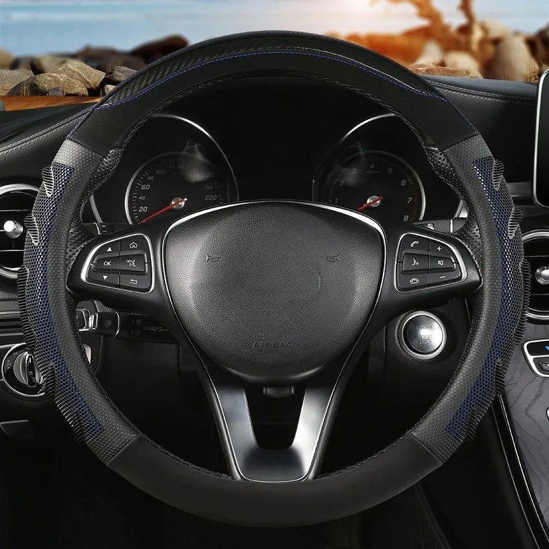 Carbon Fiber Leather Steering Wheel Cover – Silicone Honeycomb Grip, Universal Fit 37–38 cm - Delicate Leather  