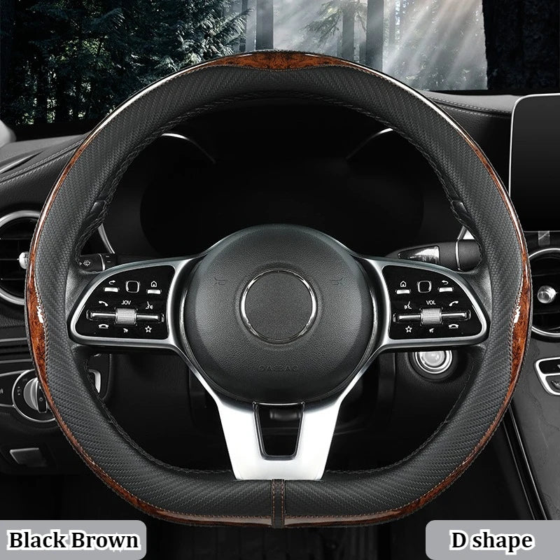 Carbon Fiber Style Steering Wheel Cover – Anti-Slip PU Leather & Wood Grain, 38cm Universal Fit - Delicate Leather  