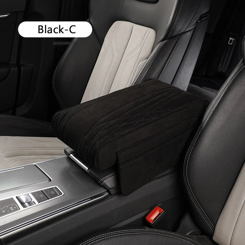 Suede Car Armrest Cushion with Cup Holder – Memory Foam Center Console Pad, Universal Fit, Enhanced Elbow Support - Delicate Leather  