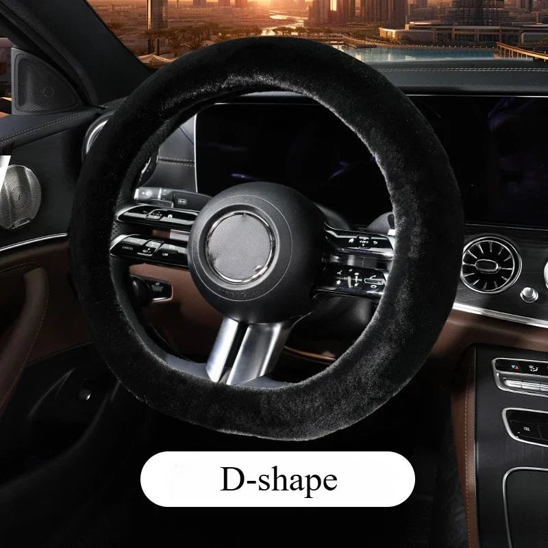 Universal Winter Plush Steering Wheel Cover – Warm Fashionable Car Accessory, Soft Anti-Slip Interior Cover - Delicate Leather  