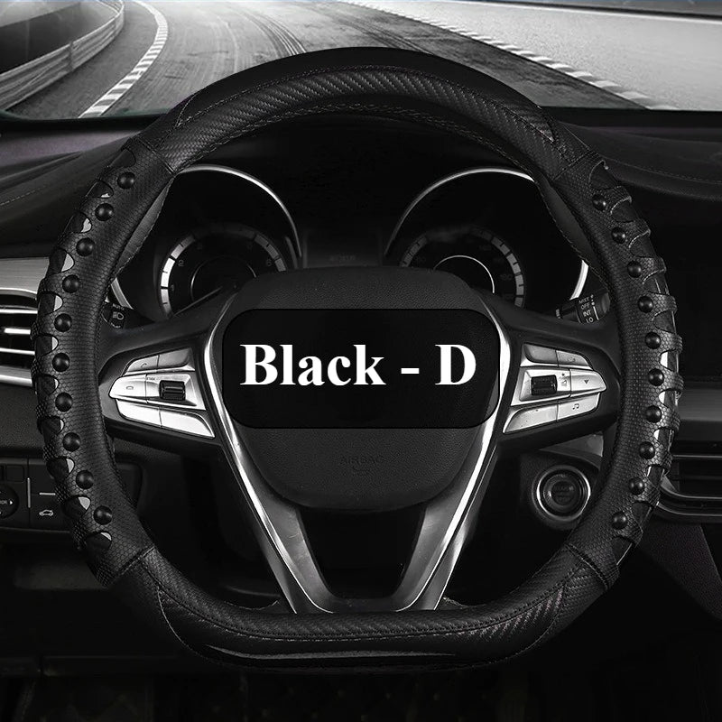 Carbon Fiber Leather Steering Wheel Cover – Universal Non-Slip Grip, Breathable Interior Car Accessory for 14.5–15 Inch Wheels - Delicate Leather  