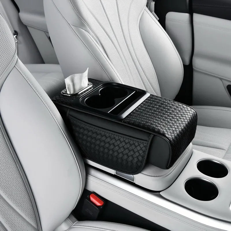 Car Armrest Cushion with Tissue Box & Cup Holder – Center Console Organizer Pad - Delicate Leather  