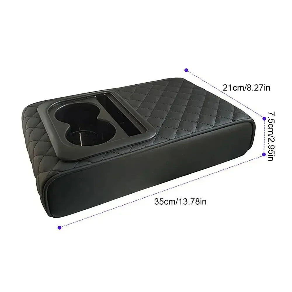 Car Center Console Armrest Cushion with Dual Cup Holders – PU Leather Armrest Height Pad - Delicate Leather  