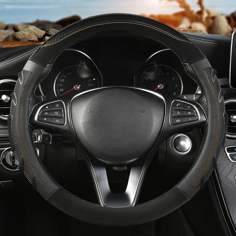 Carbon Fiber Leather Steering Wheel Cover – Silicone Honeycomb Grip, Universal Fit 37–38 cm - Delicate Leather  