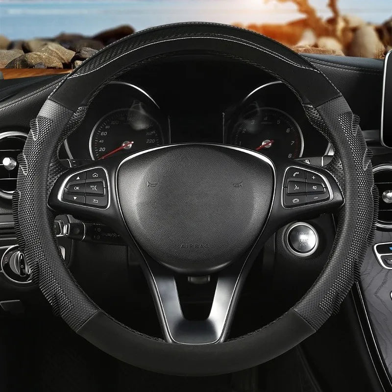 Carbon Fiber Leather Steering Wheel Cover – Silicone Honeycomb Grip, Universal Fit 37–38 cm - Delicate Leather  