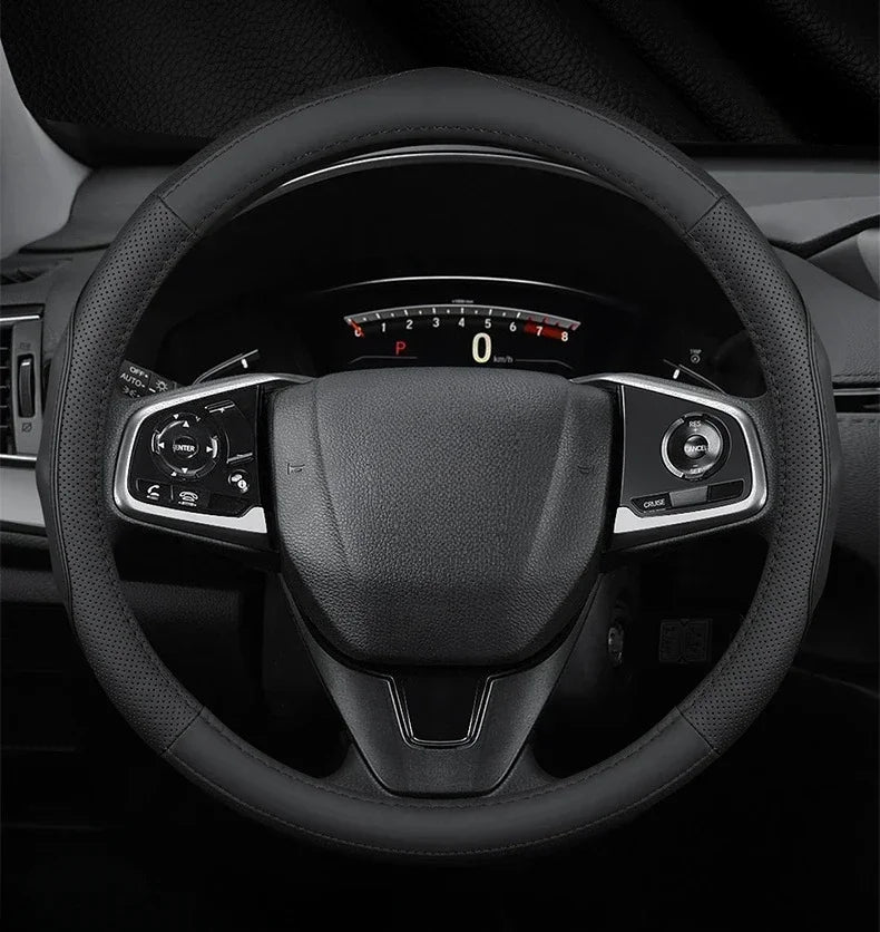 Top Layer Leather Steering Wheel Cover – Universal 37–38 cm Car Accessories, Luxurious Cowhide, Non-Slip Rubber Inner Ring - Delicate Leather  