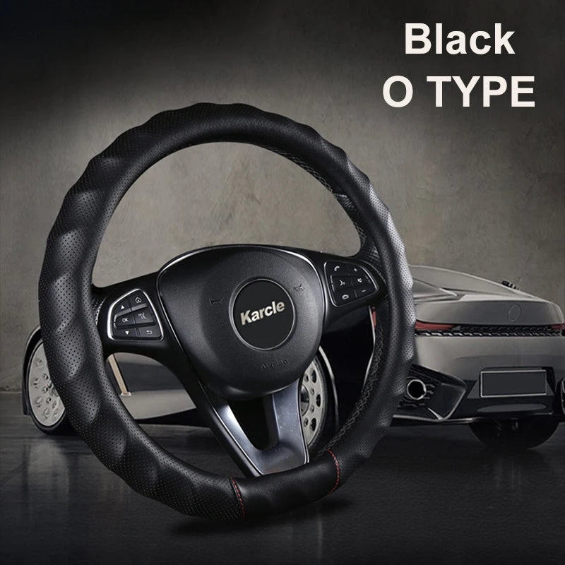 3D PU Leather Steering Wheel Cover – Universal 15 Inch O/D Type, Anti-Slip Grip, Four-Season Car Interior Protection - Delicate Leather  
