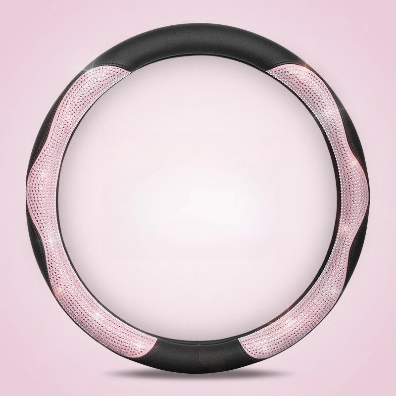 Shining Rhinestone Steering Wheel Cover – Cute Pink PU Leather Car Accessory, Universal 15 inch (38 cm) for All Seasons - Delicate Leather  
