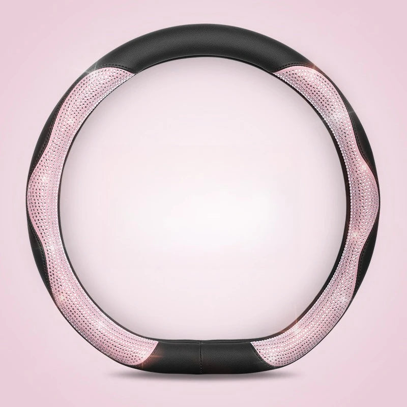 Shining Rhinestone Steering Wheel Cover – Cute Pink PU Leather Car Accessory, Universal 15 inch (38 cm) for All Seasons - Delicate Leather  