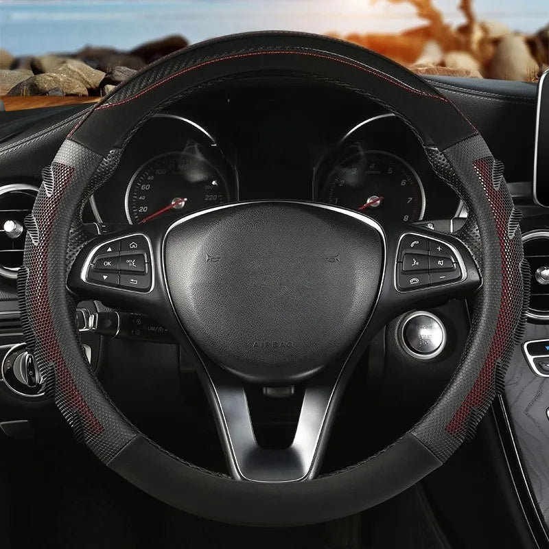 Carbon Fiber Leather Steering Wheel Cover – Silicone Honeycomb Grip, Universal Fit 37–38 cm - Delicate Leather  