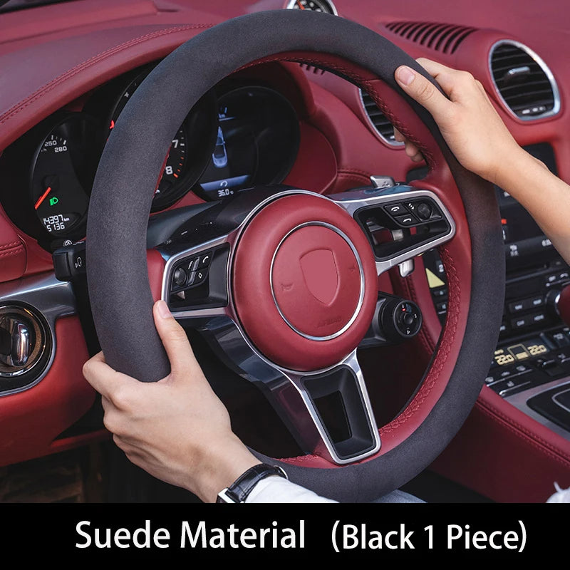 Car Steering Wheel Cover - Suede Steering Protector for Auto Interior Decoration - Universal Fit for 38cm Steering Wheel - Delicate Leather  