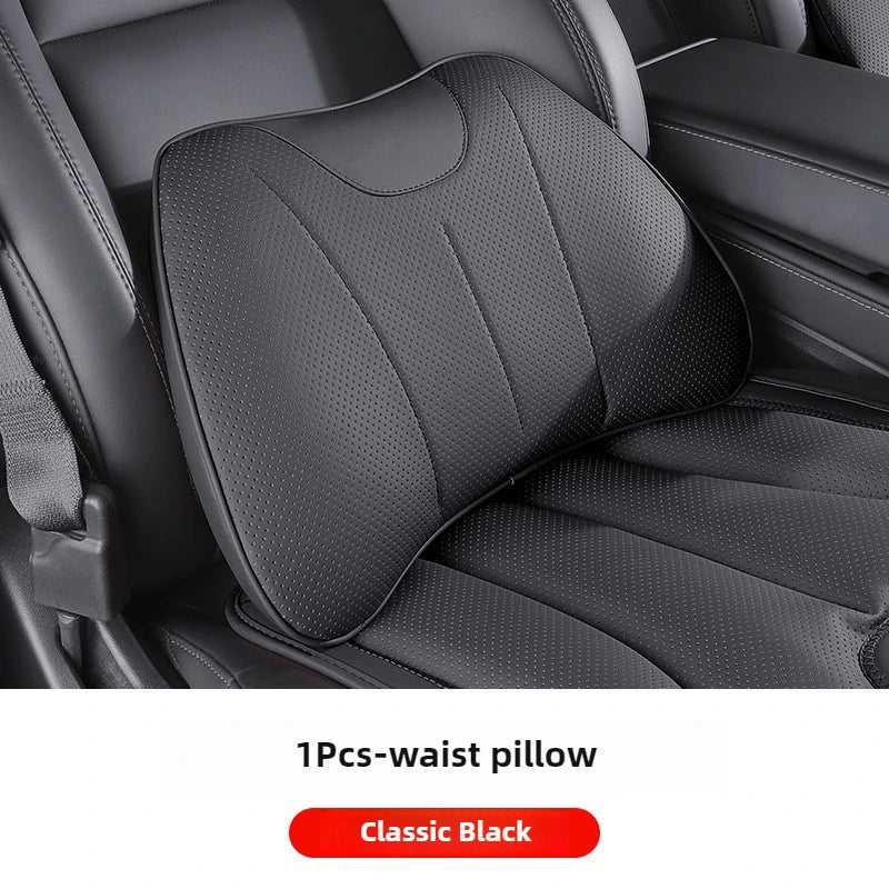 Car Neck Pillow & Lumbar Support – Universal Memory Foam Cushion with Nappa Leather Cover, Ergonomic Vehicle Back Support - Delicate Leather  