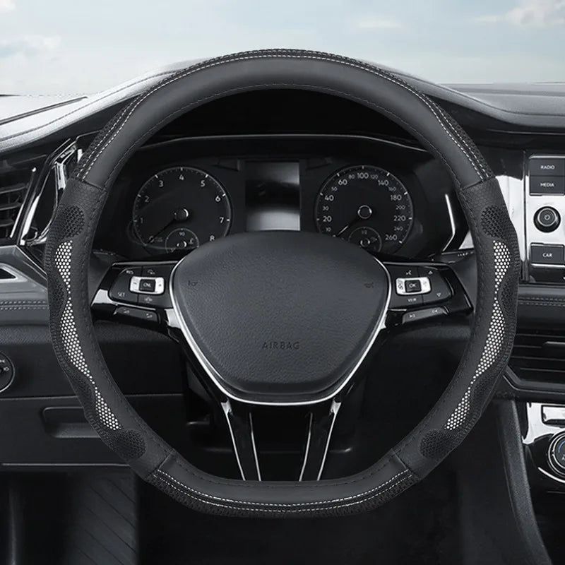 Universal Ice Silk Leather Steering Wheel Cover – 38cm Breathable Non-Slip Car Handle Cover, Four-Season Comfort Grip - Delicate Leather  