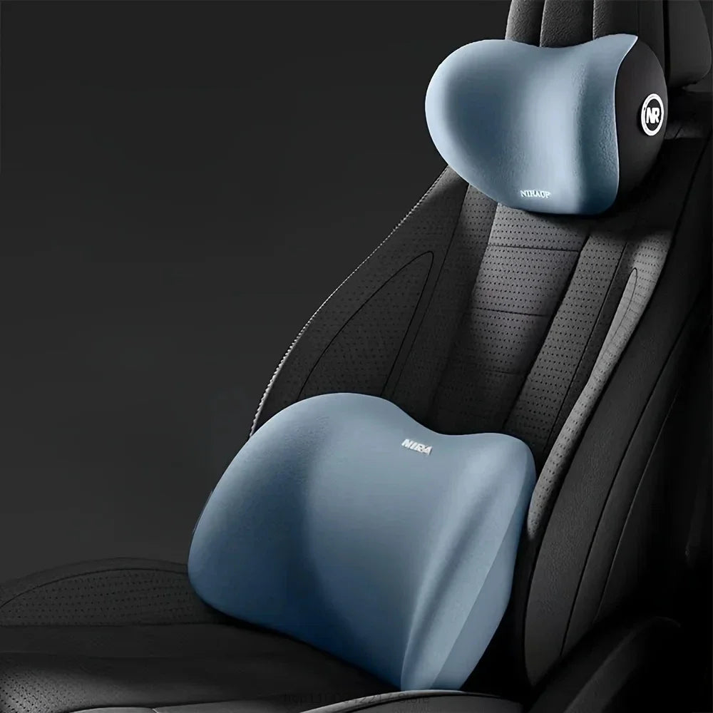 Universal Car Headrest Neck Support Pillow & Lumbar Cushion – Memory Foam Back Support, Four-Season Comfort for All Vehicles - Delicate Leather  