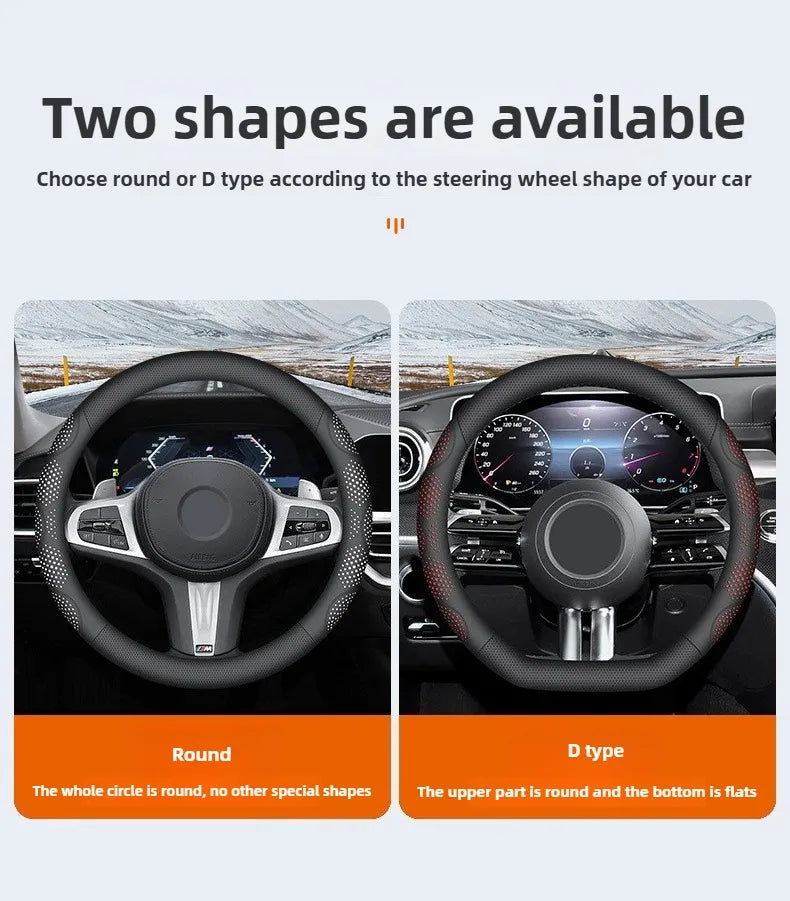 Car Steering Wheel Cover, Universal 38cm O/D Shape Leather Steering Wheel Cover – Car Interior Anti-Slip Accessory - Delicate Leather  