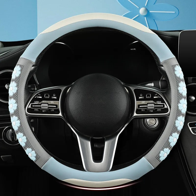Cute Flower Design Car Steering Wheel Cover for Women - Universal Non-Slip Handle Cover - Nappa Leather & Silicone Car Accessories - Delicate Leather  