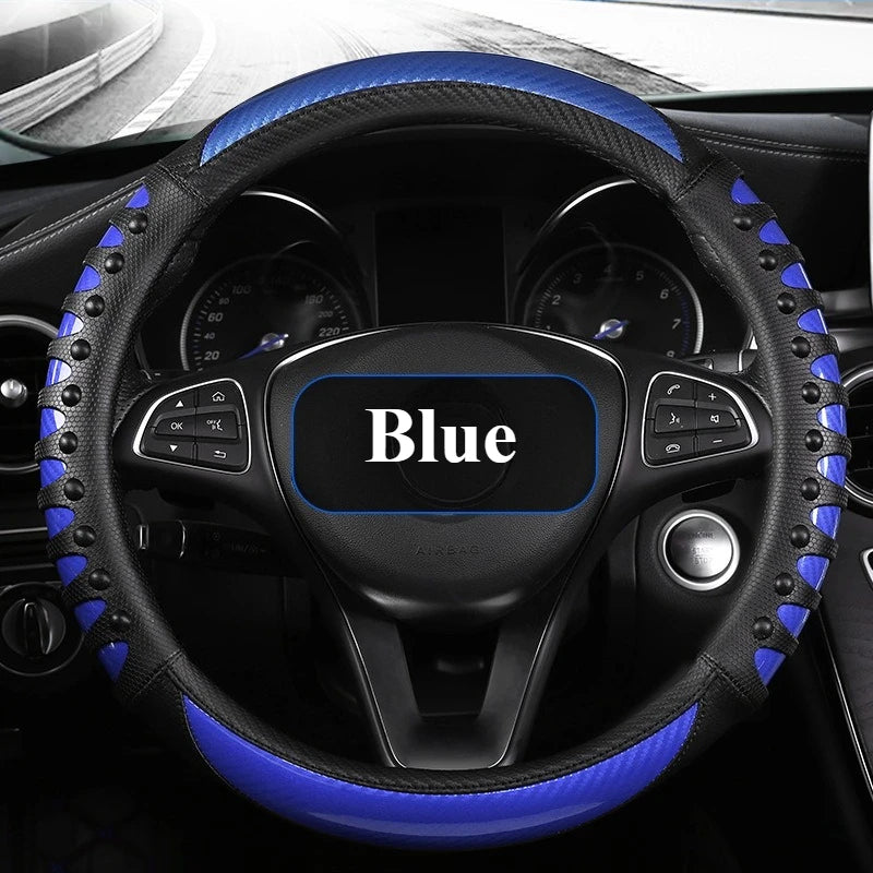 Carbon Fiber Leather Steering Wheel Cover – Universal Non-Slip Grip, Breathable Interior Car Accessory for 14.5–15 Inch Wheels - Delicate Leather  