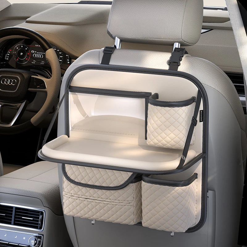 Car Seat Back Storage Organizer with Foldable Table – PU Leather Backseat Hanging Organizer with Phone & Tissue Holder - Delicate Leather  