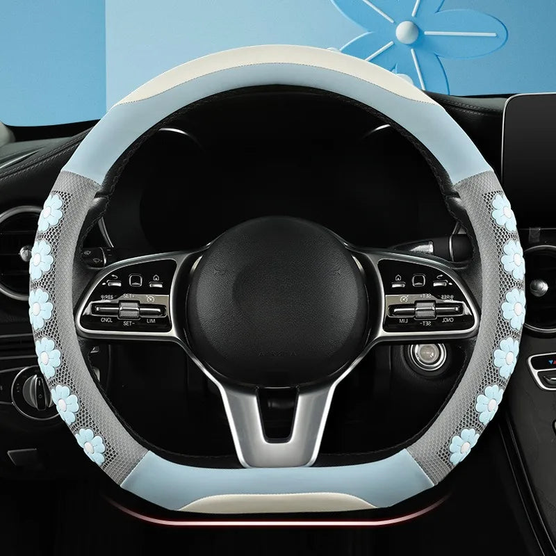 Cute Flower Design Car Steering Wheel Cover for Women - Universal Non-Slip Handle Cover - Nappa Leather & Silicone Car Accessories - Delicate Leather  