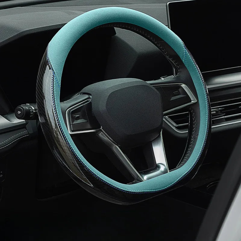 Carbon Fiber Steering Wheel Cover – Universal 38 cm Fit, Breathable Non-Slip Grip, Soft Rubber + Tech Cloth Car Steering Accessory - Delicate Leather  