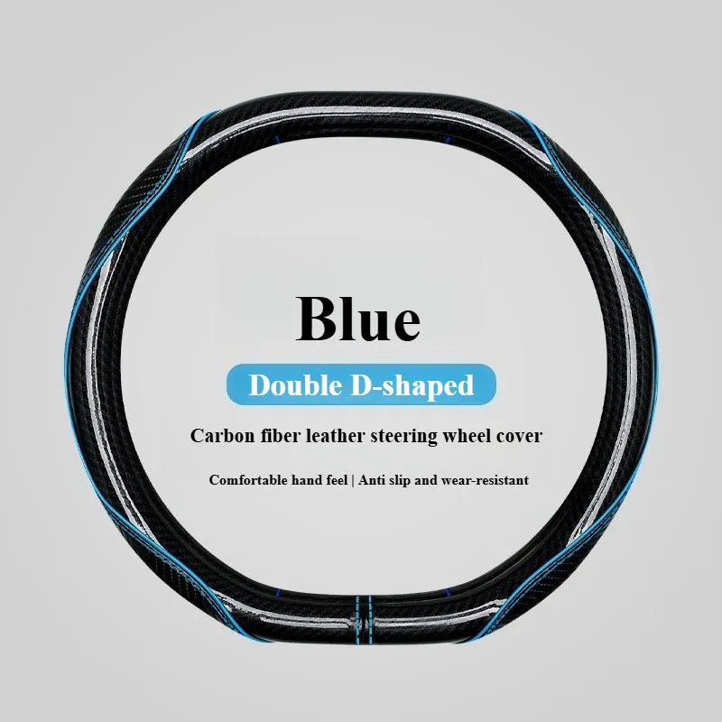 Sports Carbon Fiber Steering Wheel Cover Universal Fit – Anti-Slip Handle Cover for O / D / Double-D Steering Wheels (37–38cm) - Delicate Leather  