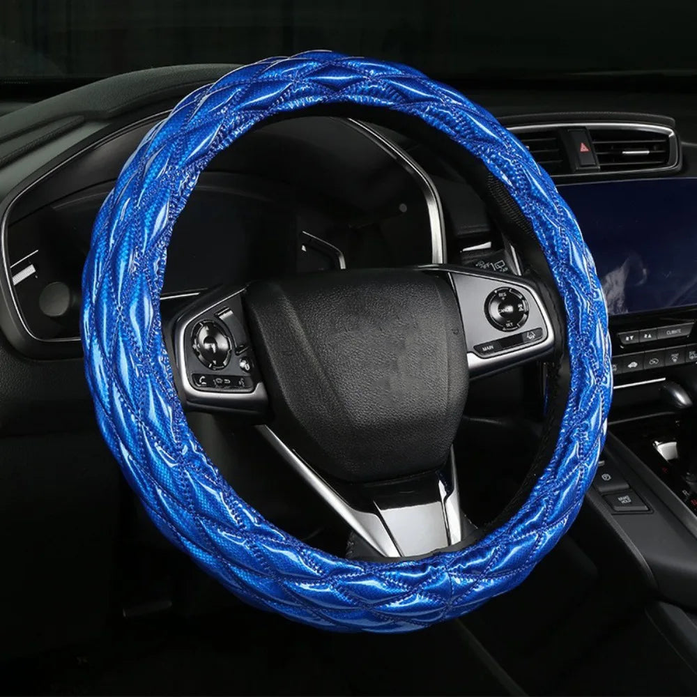 Universal 38cm Steering Wheel Cover – Anti-Slip 3D Rhombus PU Leather Wheel Protector, All-Season Car Interior Accessory - Delicate Leather  