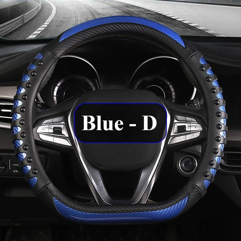 Carbon Fiber Leather Steering Wheel Cover – Universal Non-Slip Grip, Breathable Interior Car Accessory for 14.5–15 Inch Wheels - Delicate Leather  