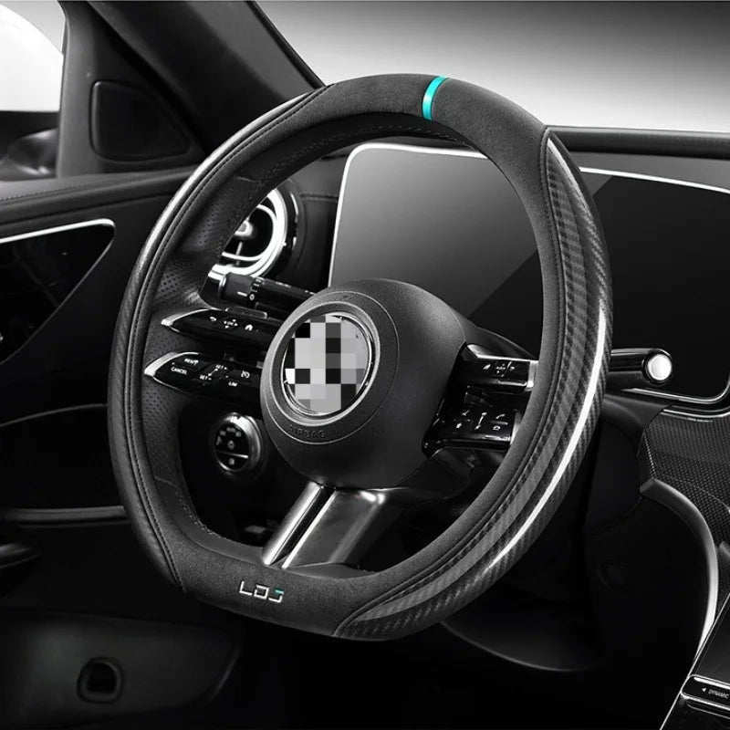 Luxury Suede & Carbon Fiber Steering Wheel Cover – Universal O/D Type Non-Slip Car Steering Protector - Delicate Leather  