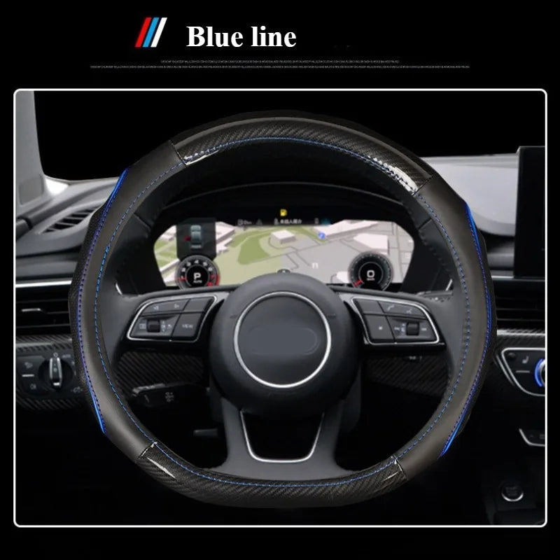 Carbon Fiber & Nappa Leather Steering Wheel Cover – Universal 37–38cm, Non-Slip Silicone Grip, 3D Textured Design, Breathable & Durable - Delicate Leather  