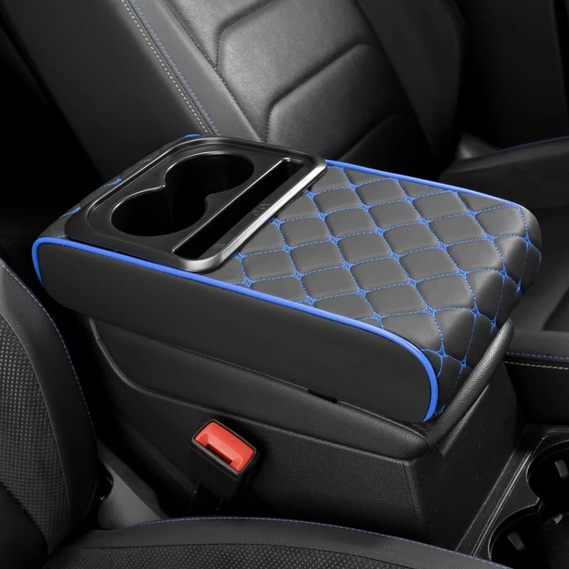 PU Leather Car Center Console Armrest Cushion – Height Pad with Cup Holder and Storage Slots - Delicate Leather  