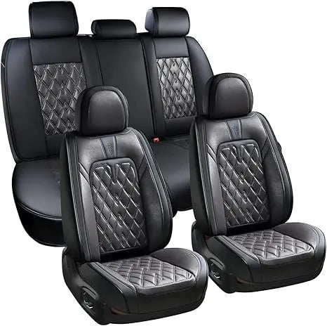 Seat Covers Full Set – Breathable Fabric & Leather, Waterproof, Universal Fit (Black/Red) - Delicate Leather  