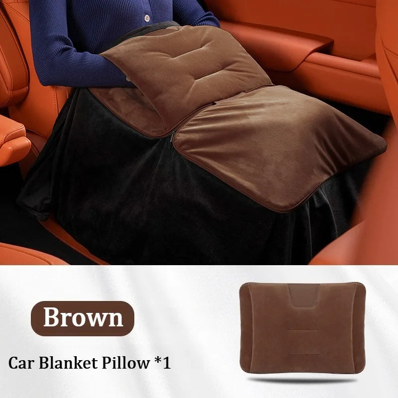 4-in-1 Plush Car Blanket Pillow – Flannel Travel Cushion, Foldable Lumbar Support and Back Pillow for Car Seats - Delicate Leather  