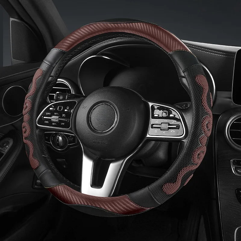 Universal Car Steering Wheel Cover – Carbon Fiber Leather with Breathable Honeycomb Silicone | Soft, Anti-Slip, All-Season Comfort Grip - Delicate Leather  